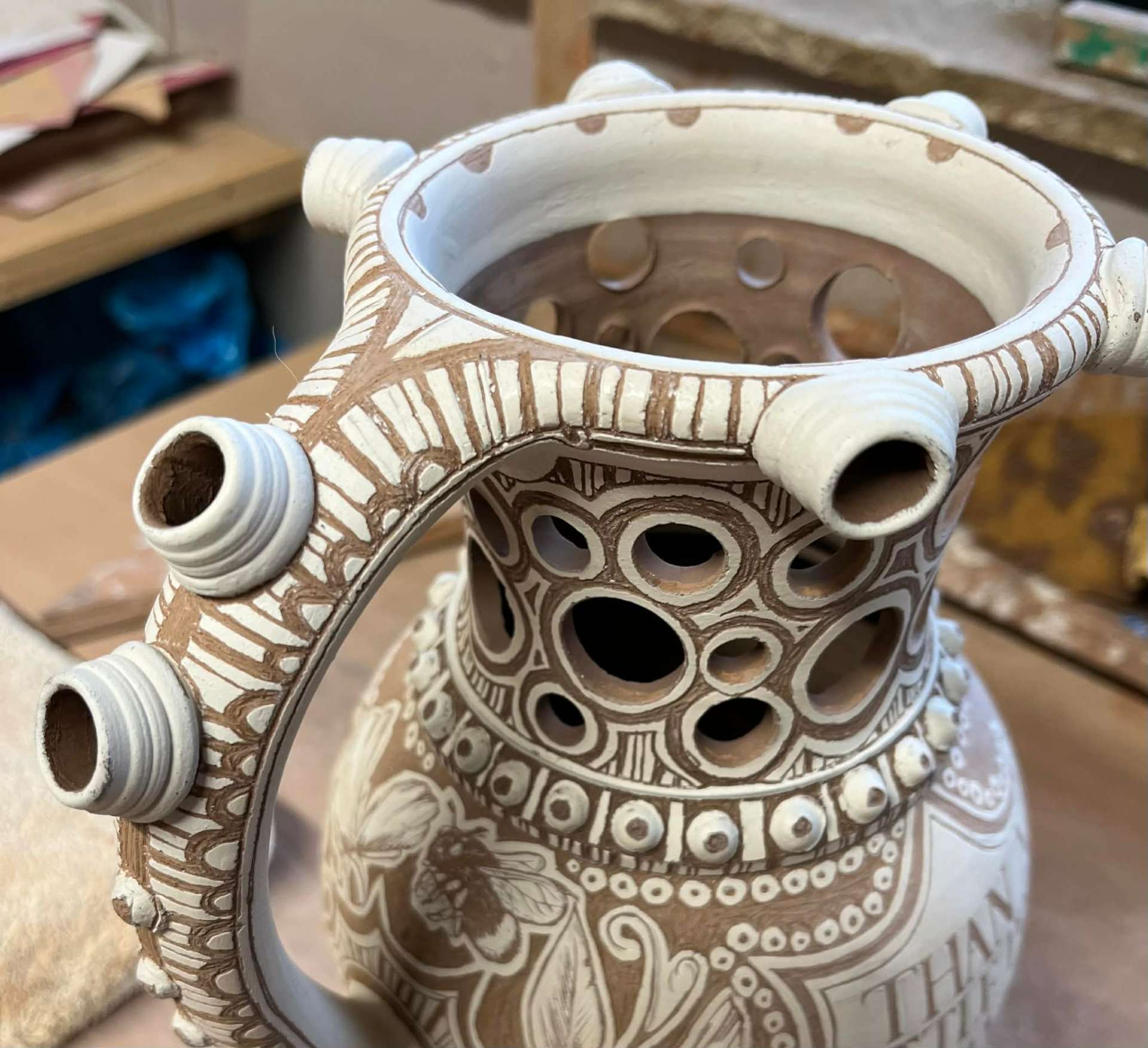 Slipping stage of a piece in progress.