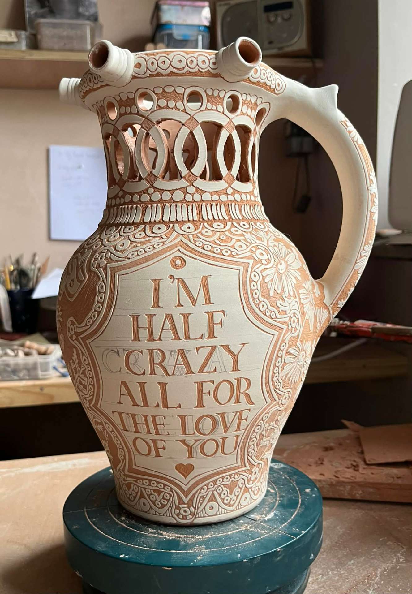 Drying and bisque firing stage of a piece in progress.